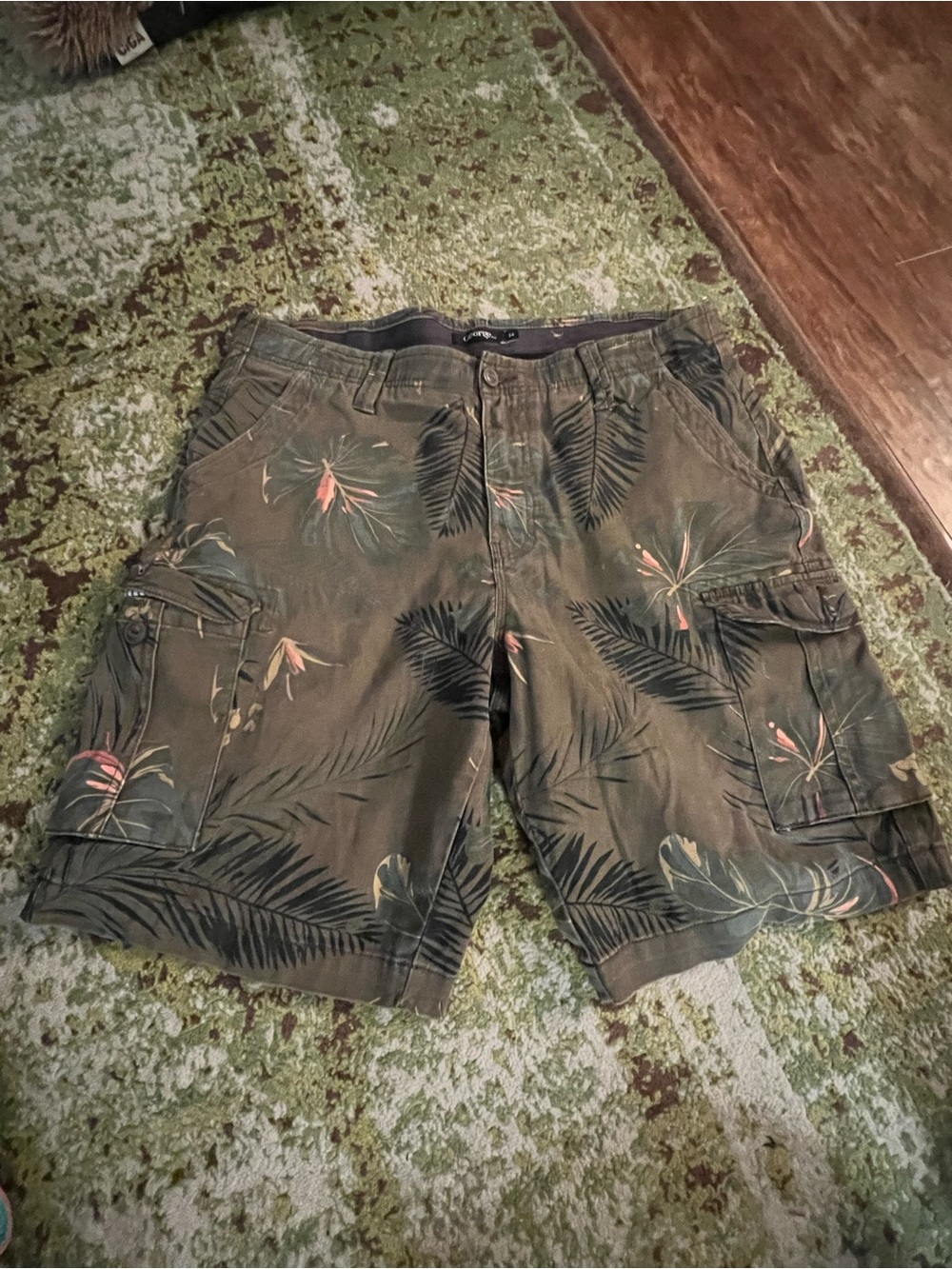 George Olive Green Tropical Print Cargo Shorts